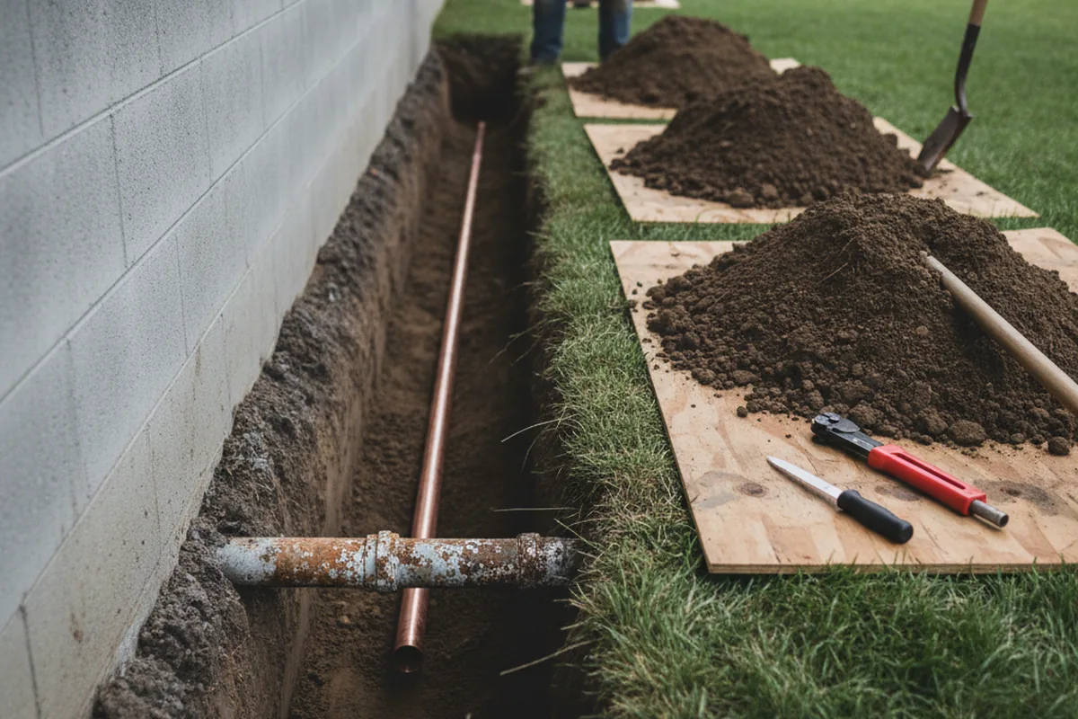 Excavated water line trench during Water Heater Repair in Calhoun Falls